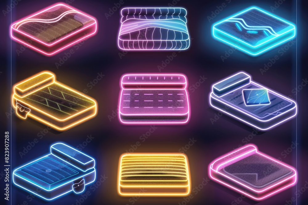 Poster collection of various neon icons for design projects