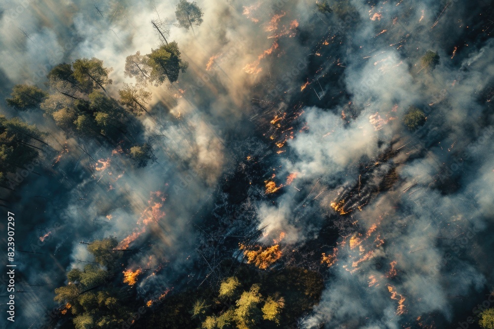 Poster aerial view of a forest fire, suitable for environmental and disaster concepts