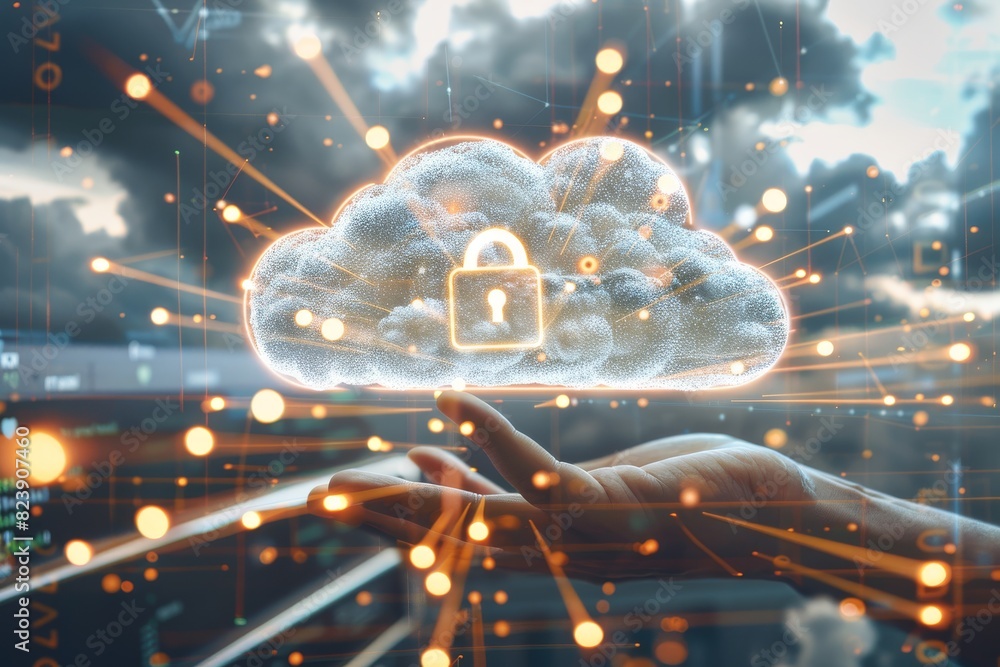 Poster hand holding digital cloud with network icons for secure online data protection and cyber security