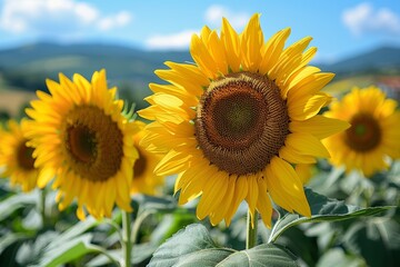 A beautiful close-up photograph of vibrant yellow sunflowers blooming in a lush field under a clear blue sky with mountainous terrain in the background