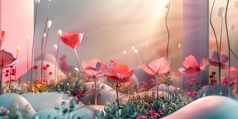 3D Abstract Flower Garden in Modern Minimalism. Flower Garden with Ruby, Rose, and Pistachio Hues