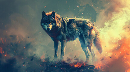 Majestic Wolf Standing Amidst Fiery and Smoky Background, Perfect for Fantasy Art and Wildlife Themes