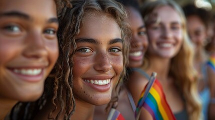 Fototapeta premium Ultra-realistic group photo of teens with rainbow flags, smiling and celebrating Pride Month at sunset