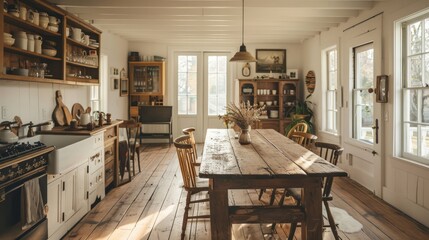 A large wooden dining table is surrounded by chairs in a spacious kitchen