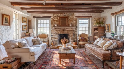 A large living room with a fireplace and a lot of furniture