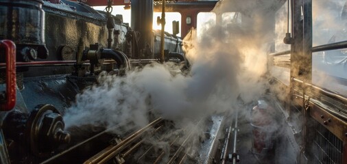 A cloud of steam surrounds the marine diesel engine as it cranks to life after being started.
