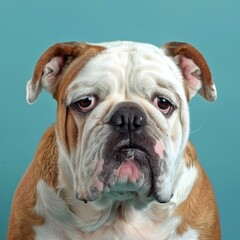 Fototapeta premium Closeup view of a comical bulldog with a sagging face, alone against a turquoise backdrop, with room for text
