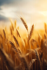 Fototapeta premium Close up of wheat field with sky background.