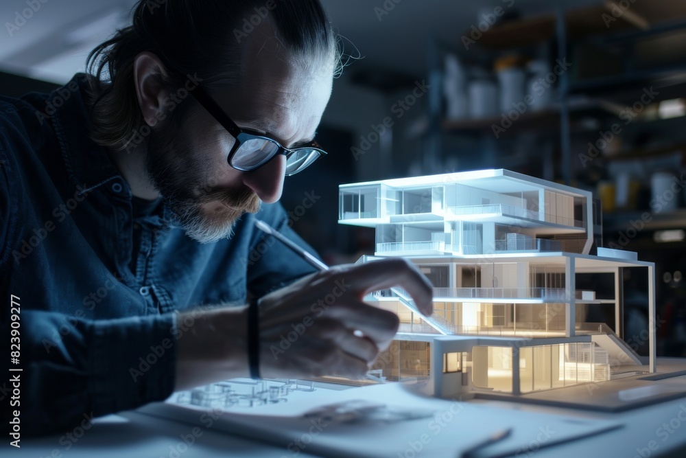 Poster An architect using augmented reality for building design making  , AI-generated