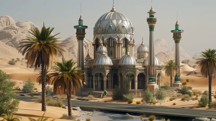 Naklejka premium desert is adorned with a few date palms in front of the mosque and a flowing water source