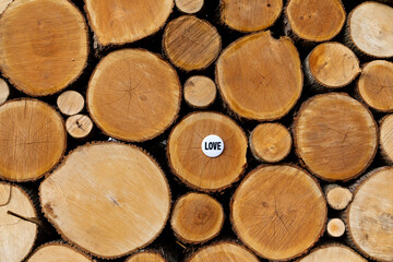 Button with the word LOVE on wood pile 