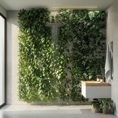 A bathroom wall adorned with vertical garden tiles, lush greenery cascading down, creating a living wall that breathes life into the space.