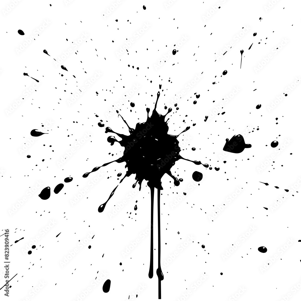 Poster black ink splatter with drips and splashes on white.