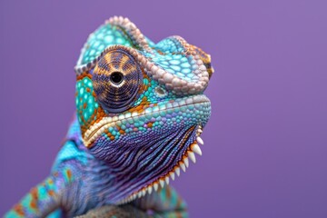 Closeup of amusing chameleon, eyes diverging, on vibrant purple backdrop with space for text