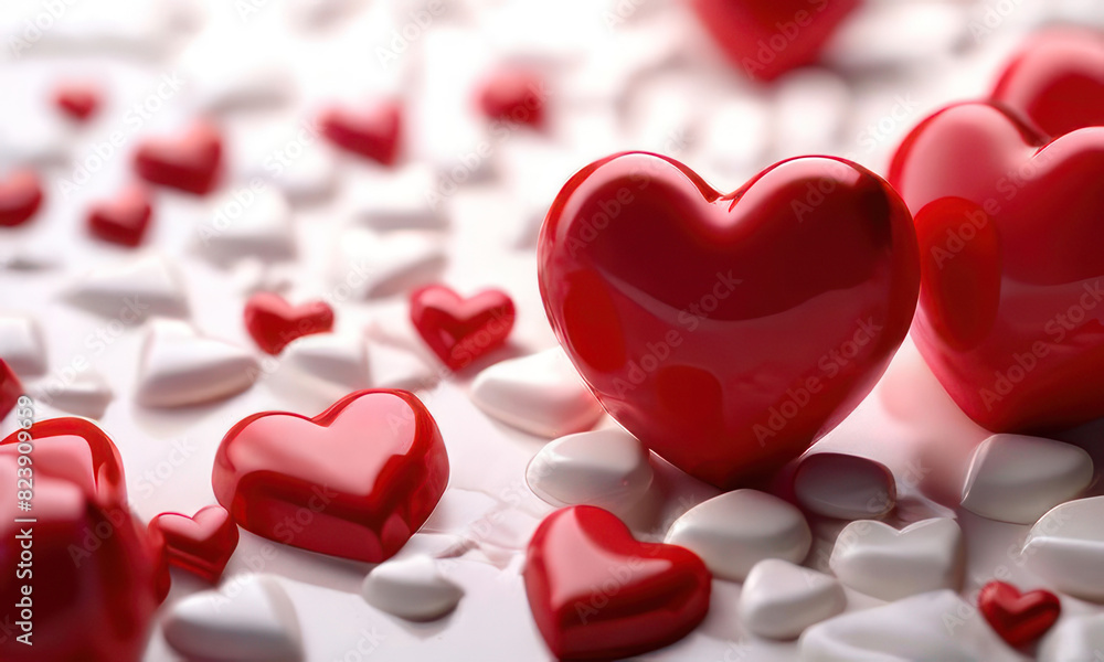 Poster white background with many red hearts all around it with empty space in center