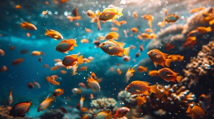 An underwater scene teeming with vibrant orange fish swimming near coral reefs, illuminated by beams of sunlight filtering through the clear blue water