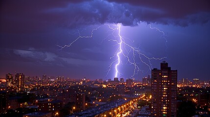 A breathtaking urban nightscape featuring a powerful lightning strike illuminating the skyline and city buildings under a dramatic stormy sky