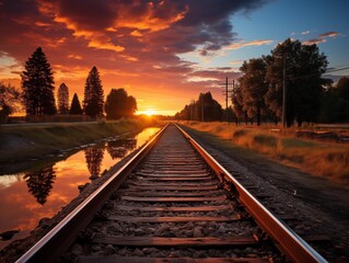 Sunset Over Railway Tracks in a Serene Countryside - Powered by Adobe