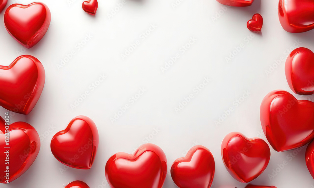 Poster white background with many red hearts all around it with empty space in center