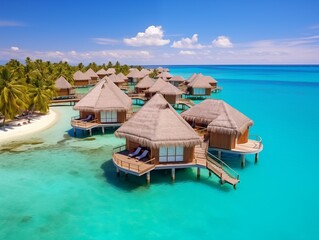 Tourists enjoy a sunny day at overwater bungalows in the Maldives