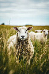 Sheep standing in field of tall grass with another sheep in the background.