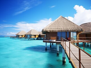 Tourists enjoy luxury overwater villas on a sunny day in the Maldives.