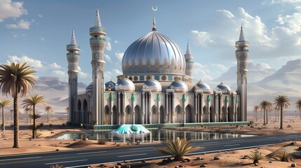 barren desert landscape features date palm trees and a flowing water source in front of the mosque. - Powered by Adobe