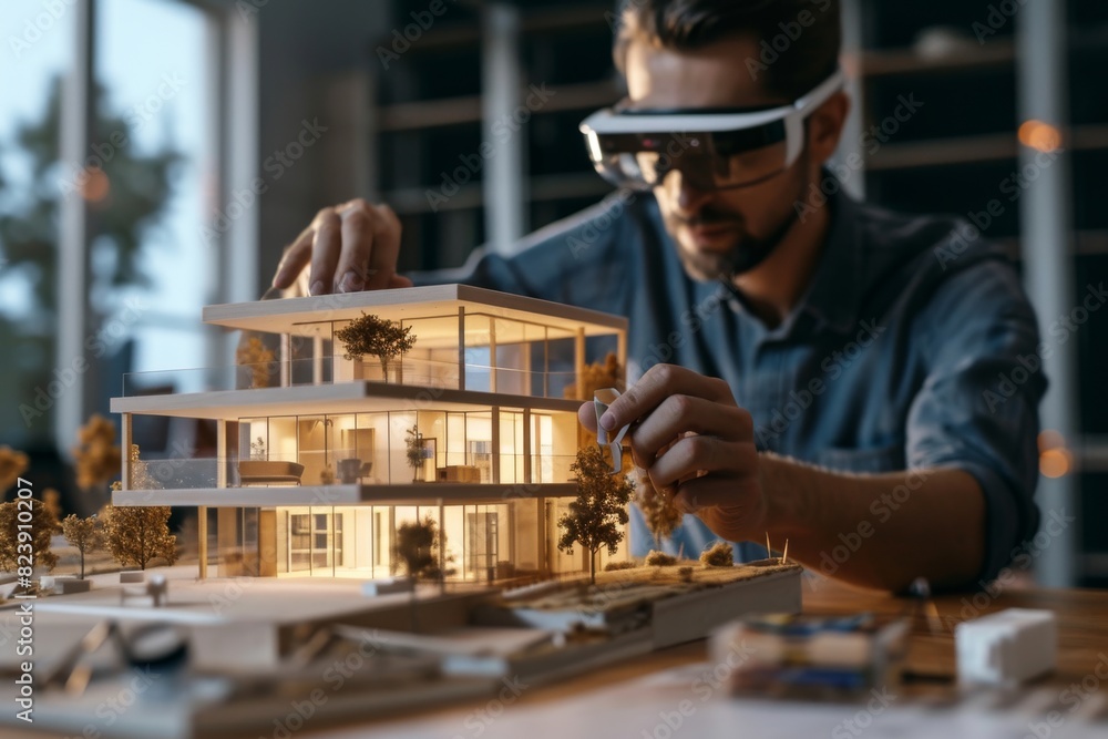 Poster an architect using augmented reality for building design making , ai-generated
