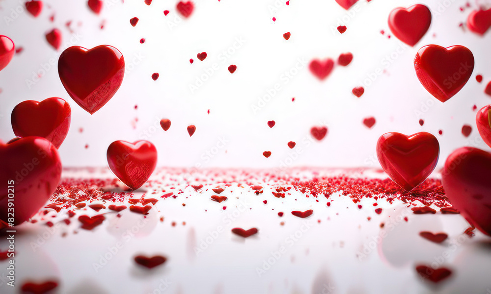 Poster white background with many red hearts all around it with empty space in center