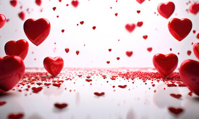 White background with many red hearts all around it with empty space in center