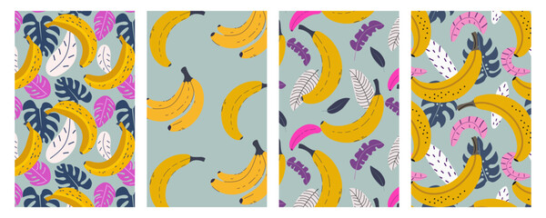 Banana seamless pattern set. Bright abstract jungle leaves and fruits on blue. Summer vector background design for print, decoration, fabric, card.