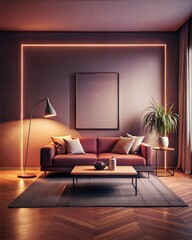 Mockup room, Mockup Frame A living room with a red couch, a coffee table, and a potted plant