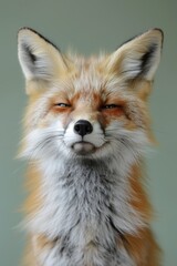Obraz premium A mischievous fox with a comical grin stands alone on a soft green backdrop, offering room for text
