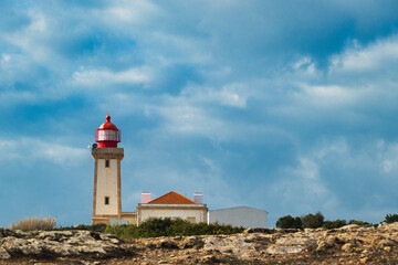 The rectangular Alfanzina Lighthouse (Farol de Alfanzina),  Algarve, Portugal

