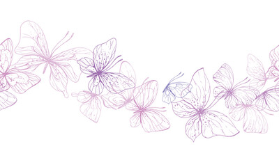 Butterflies are pink, blue, lilac, flying, delicate line art, clip art. Graphic illustration hand drawn in pink, lilac ink. Seamless board pattern EPS vector