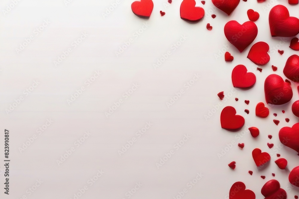 Poster white background with many red hearts all around it with empty space in center