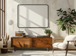 An empty horizontal frame mockup, hanging on the wall above a modern chest of drawers in a living room, with a light brown and white color scheme