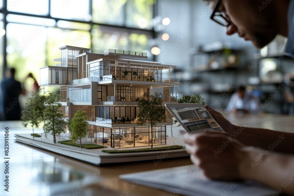 Poster an architect using augmented reality for building design making , ai-generated
