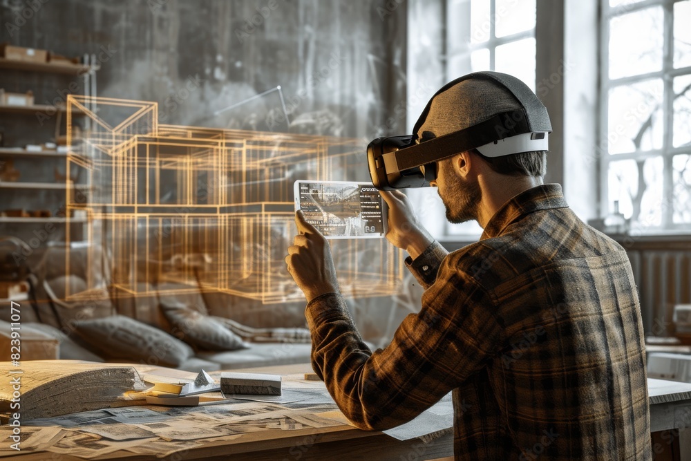 Poster an architect using augmented reality for building design making , ai-generated