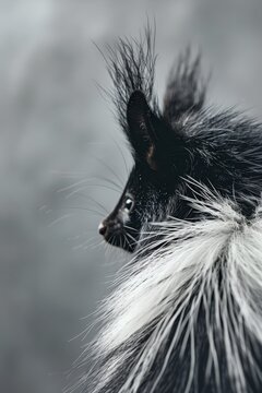 A skunk's comical closeup, tail up, on silver backdrop, with ample space for text