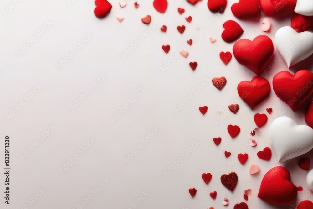 Poster white background with many red hearts all around it with empty space in center