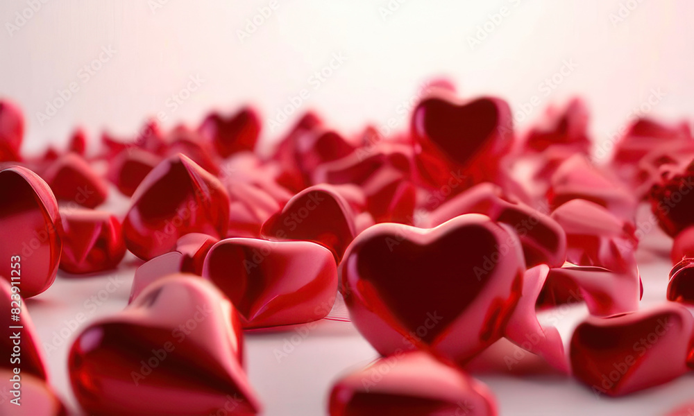 Fototapete white background with many red hearts all around it with empty space in center