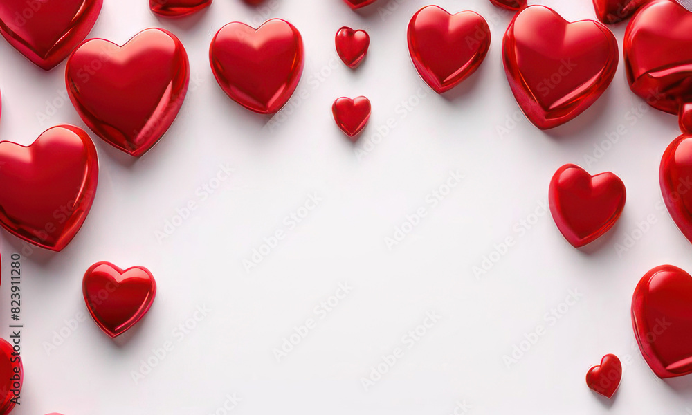 Poster white background with many red hearts all around it with empty space in center