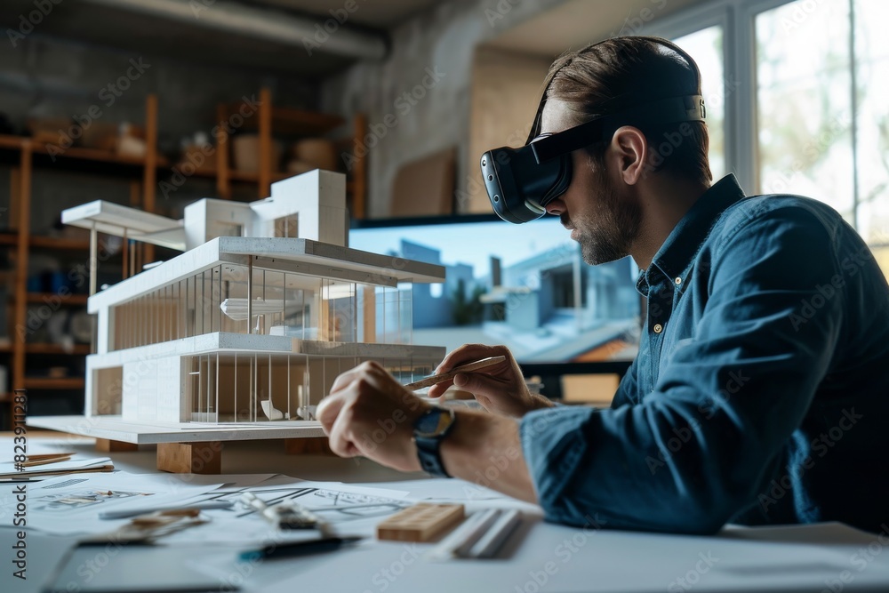 Poster an architect using augmented reality for building design making , ai-generated