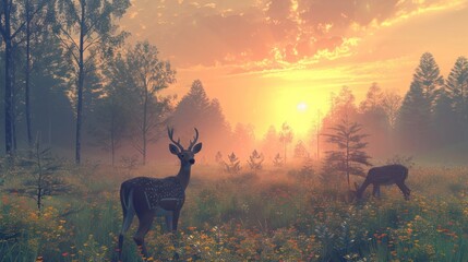 Grazing Deer in a Peaceful Meadow Under Pastel Sky