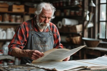 An elderly man with a full beard carefully examines large sheets of paper in an art studio filled with various artistic supplies and materials
