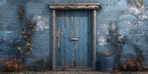 An aesthetic blue weathered door with peeling paint, surrounded by a brick wall featuring wild plants, against a rustic backdrop