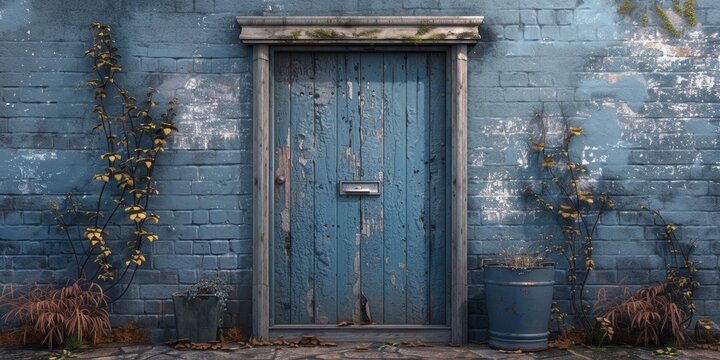 An aesthetic blue weathered door with peeling paint, surrounded by a brick wall featuring wild plants, against a rustic backdrop - Powered by Adobe