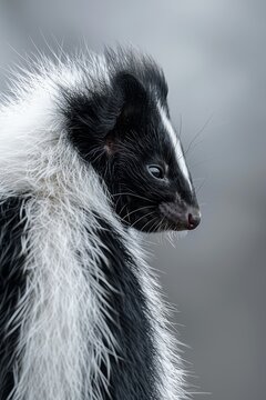 Comical closeup of a skunk, tail raised, isolated on a silver background, ample copy space