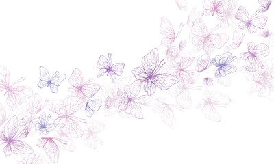 Butterflies are pink, blue, lilac, flying, delicate line art. Graphic illustration hand drawn in pink, lilac ink. Composition stream, template EPS vector